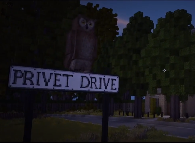 the Privet Drive sign with an owl on it from the Harry Potter Minecraft Zandercraft YouTube series